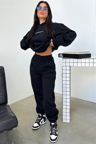 Thatssofetch Eşofman Takımı Sweatshirt Jogger - Siyah Baskılı Oversize Şardonlu Kapüşonlu Koyu Siyah-265251