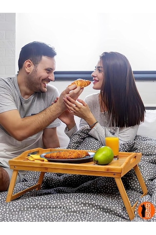Katlanır Ayaklı Bambu Yatak Keyif Tepsisi 50cm 30cm , Portatif Tepsi Kahverengi