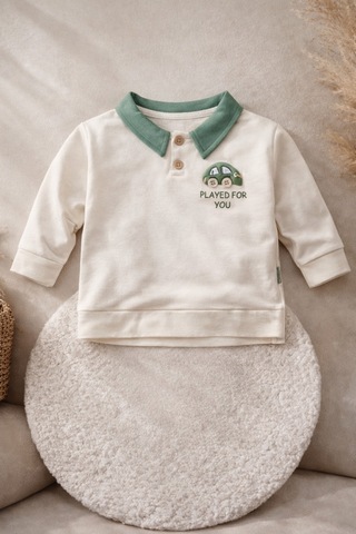 Uğur Bebe Erkek Bebek Polo Yaka 2 Li Takım Uzun Kollu Üst Ve Lastikli Pantolon %100 Pamuk Ekru Yeşil Ekru Yeşil