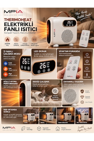 Mpia Thermoheat 2000w Uzaktan Kumandalı Elektrikli Fanlı Isıtıcı 25 M² Etkili Portatif Masaüstü Isıtıcı