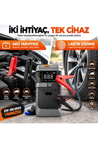 19800 Mah 12v Akü Takviye Cihazı Jump Starter Hava Kompresörlü