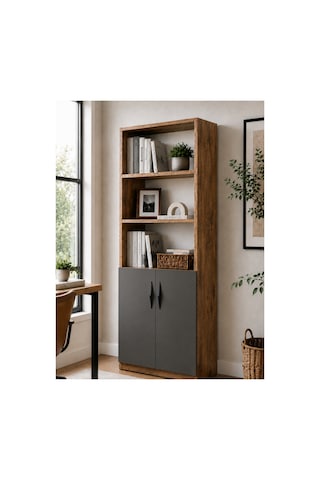Nesso Kitaplık Çam Antrasit Dolap Çok Amaçlı Dolap Kiler Dolabı 5 Raflı 2 Kapaklı Dolap 180 Cm Yükseklik 34 Cm Raf Aralığı 60 Cm Genişlik 30 Cm Derinlik Atlantik Çam - Antrasit Gri
