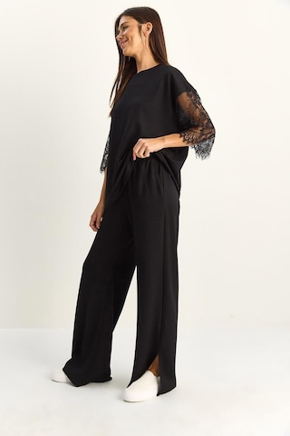 Shade Kadın Kolları Dantelli Oversize Basic T-shirt Beli Lastikli Bol Pantolon Alt-üst Modal Takım 4115 60286085 - Siyah