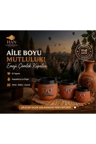 Kapadokya Çömlek Emojili Kahve Aile Kupa Seti 3lü Göl Yeşili