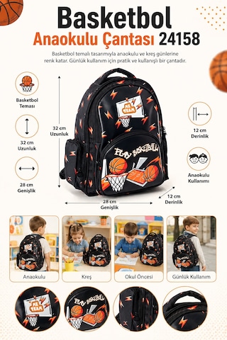 Basketbol Basketball Anaokulu Sırt Çantası 24158 32x28x12 Cm Çocuk Okul Öncesi Kreş Çantası Çok Renkli