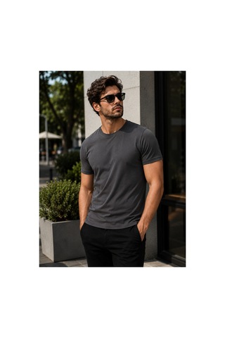 Luxıc Core Erkek Slim Fit Gri Bisiklet Yaka Pamuk Penye Günlük Rahat Basic Tişört