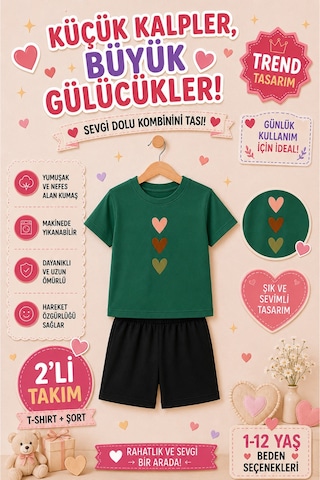 Overmax Sevimli Kalpler Baskılı Çocuk Takım Tişört & Şort 2 Li Kombin 1-12 Yaş Trend Yazlık Takım Yeşil - 882765983 Yeşil