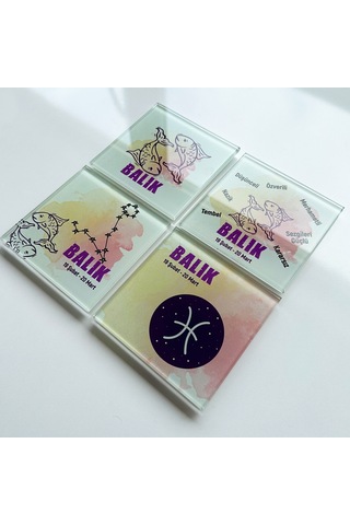 Decorita Cam Bardak Altlığı Burçlar - Balık Burcu 4'lü Takım Çok Renkli
