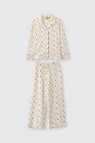 Panço Kız Çocuk Çiçek Desenli Pijama Takımı Ekru