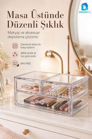 3 Çekmeceli Şeffaf Kozmetik Organizer Makyaj Takı Ruj Oje Pamuk Düzenleyici