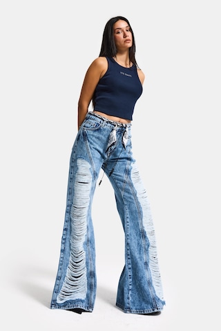Itsbasic Kadın Mavi Flare Fit Altı Beslemeli Yırtık Ve Fular Detaylı Tasarım Denim Jean
