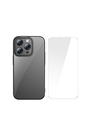 Baseus Glitter Apple iPhone Uyumlu iPhone 14 Pro 6.1 Renkli Kenar Silikon Kılıf + Tempered Ekran Koruyucu Set- 5775 Siyah