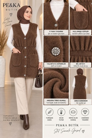 Peka Kadın Beli Lastikli Angora Triko Tesettür Yelek Kahverengi Kahverengi