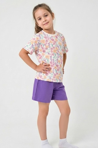 Breeze Kız Çocuk Şortlu Pijama Takımı Renkli Çiçek Desenli 4-8 Yaş, Beyaz