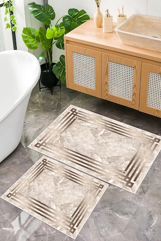 Dijital Baskı Mermer Desen Kaymaz Taban 2li Set Banyo Paspası Klozet Takımı 50x60cm-60x100cm Kahverengi