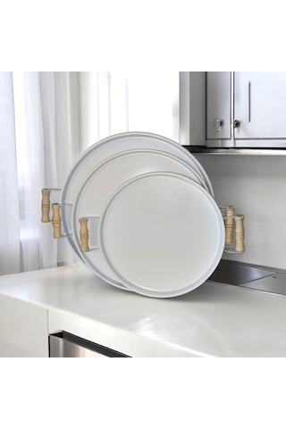 Tepsi Seti Ahşap Kulplu Metal Çay Tepsisi Kahve Tepsisi Sunum Kah