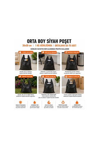 Siyah Atlet Market Manav Çöp Orta Boy Poşet 1 KG Dayanıklı Sızdırmaz Ev ve İş Yeri Çöp Torbası