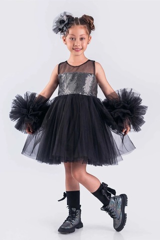 Kız Çocuk Abiye Elbise Ponpon Kol Pul Payetli Tütülü Siyah - Gr