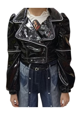 Kız Çocuk Fermuar Detaylı Siyah Parlak Deri Görünümlü Ceket & Uzun Kollu Baskılı Bluz İkili Takım Siyah
