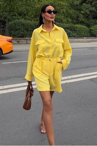 Gömlek Ve Şort Flamlı Keten Takım 10130 Altın