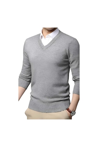 Tezzgelsin 3'lü Erkek V Yaka Uzun Kol Triko Tüylenmez Süveter Erkek Slim Fit Süveter Lacivert - Gri - Bordo