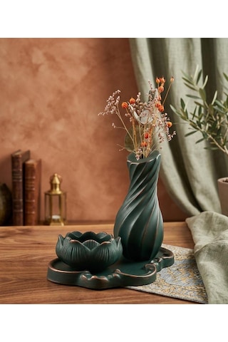 Aurora Set El Yapımı Eskitme Yeşil Burgulu Vazo + Lotus Mumluk + Tepsi Koyu Yeşil