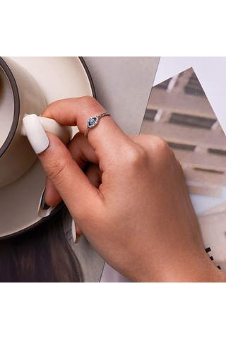 S925 Sterling Silver Turquoise Devil Eye Women Ring, Size:6 Çok Renkli