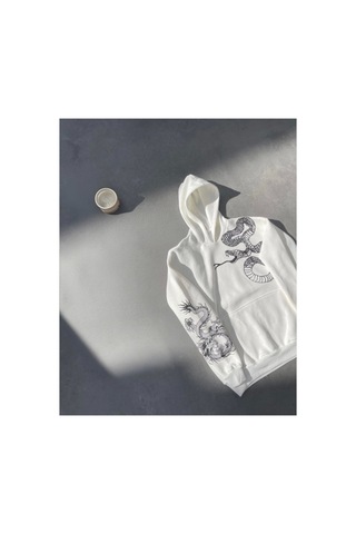 Butik İstanbul Uzun Kol Kapşonlu Baskılı Sweatshirt - Beyaz