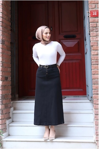 Vellıchor Doğal Kumaşlı Kemerli Kot Etek- 001