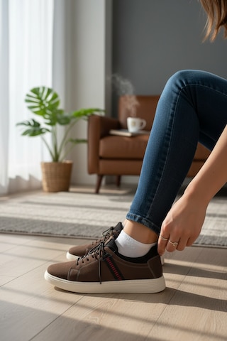 Enoch Hakiki Deri Lastikli Yazlık Kırmızı Şerit Detaylı Erkek Sneaker Ortopedik Taban Kahverengi