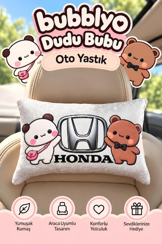 Bubblyo Honda Temalı Dekoratif Oto Yastığı Sevimli Çift Tasarım Beyaz Beyaz