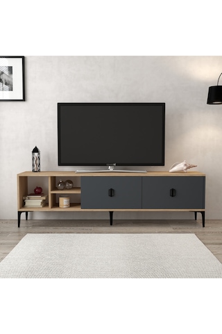 3805 Era Tv Ünitesi 180 Cm 2 Kapaklı Raflı Sepet - Antrasit Tv Sehpası Antrasit - Sepet Çok Renkli