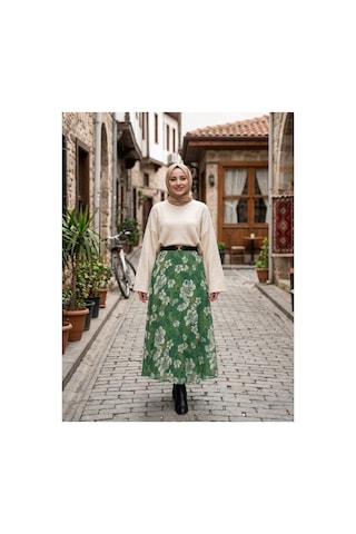 Maşuka Yeşil Floral Desenli Şifon Etek - Astarlı Şık Maxi Etek Yaprak Yeşil - Desenli Yaprak Yeşil - Desenli
