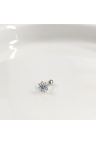 Mavi Taşlı Yıldız Çiçek Gümüş Tragus Pıercıng - Rodyum Beyaz Beyaz
