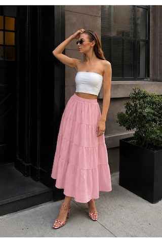 Bisou Pembe Beli Lastikli Volan Detaylı Astarlı Yazlık Maxi Etek Pembe
