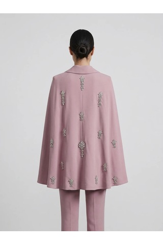 Crystalia Sırtı Taş İşlemeli Ve Pelerin Detaylı Kruvaze Blazer Ceket Pembe