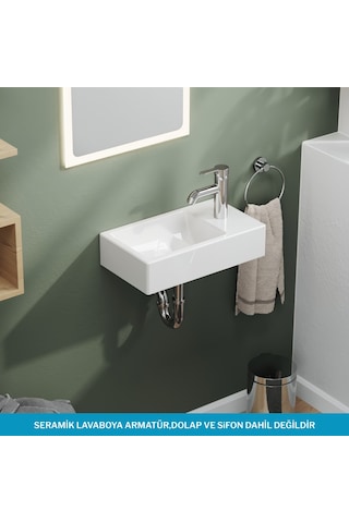 Minizia Lavabo Beyaz 45x26x10 Cm Sağdan Delikli, Taşma Deliksiz