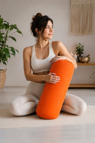 Yoga Bolster Organik Poplin Kumaş Kırpıntı Sünger Dolgulu Meditasyon Yastığı Pilates Destek Minderi 65x22 Cm Turuncu