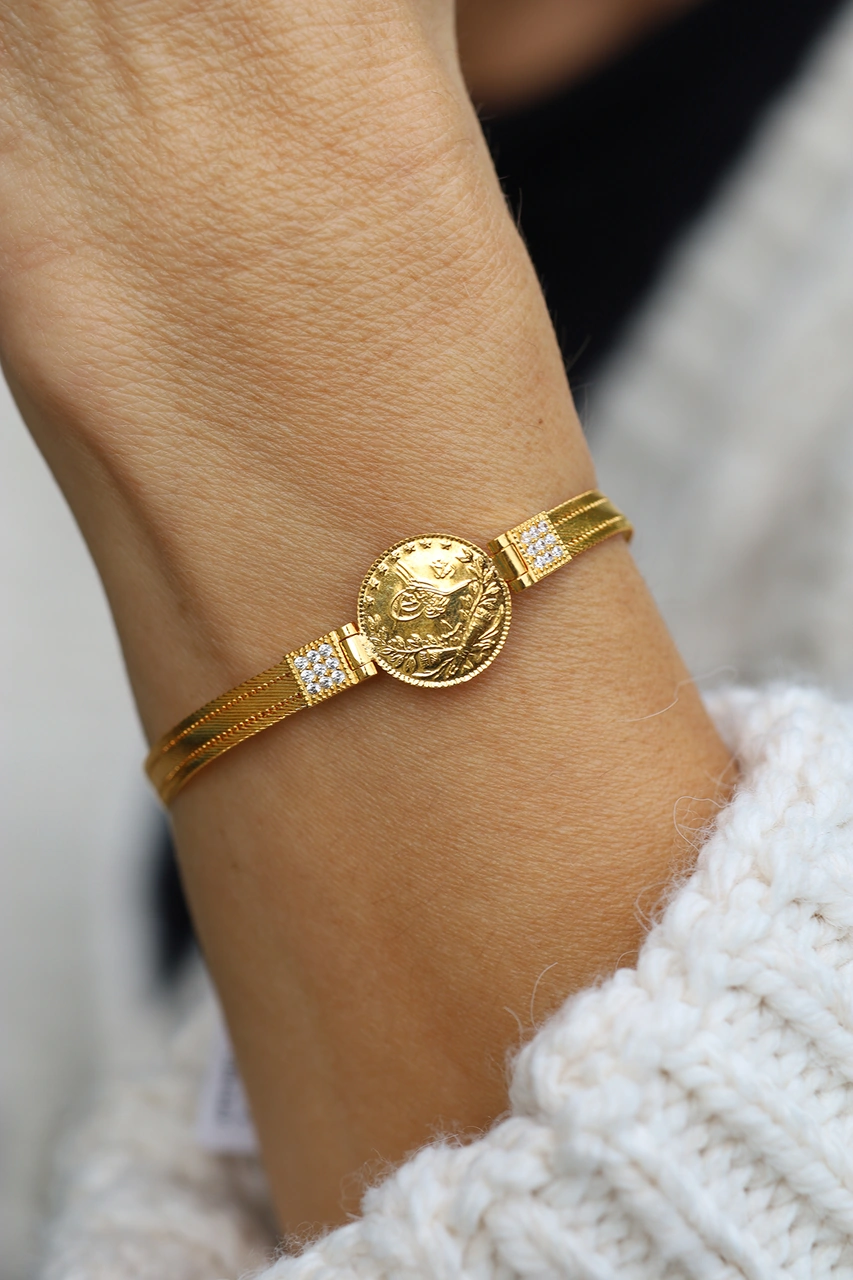 14 Ayar Altın Taş Ve Trabzon Hasır Detaylı 22 Ayar Çeyrek Reşatlı Bileklik Blk34844