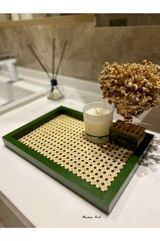Rattan Hazeran Dikdörtgen Tepsi Yaprak Yeşili Renk %100 Doğal Hazeran M041