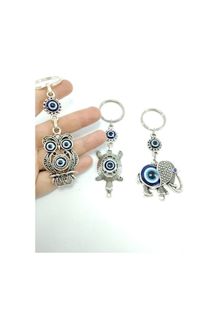 Üçlü Metal Nazar Boncuklu Baykuş/ Kaplumbağa / Fil Anahtarlık Set