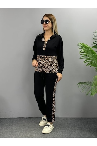 Emh Store Kadın Uzun Kollu Leopar Detay Sweat Ve Yanı Leopar Şerit Detay Pantolon Ikili Takım Siyah