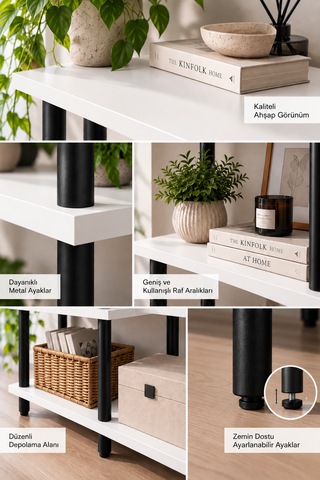 Modern 4 Raflı Kitaplık Salon Düzenleyici Metal Ayaklı Dekoratif Kitaplık Ve Çok Amaçlı Raf Ünitesi Beyaz