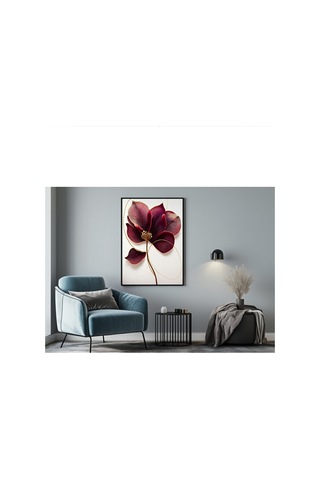 Tablo Ahşap Çerçeveli Tablo Çerçeveli Poster Bordo Altın Çizgili Çiçek Temalı Tablo