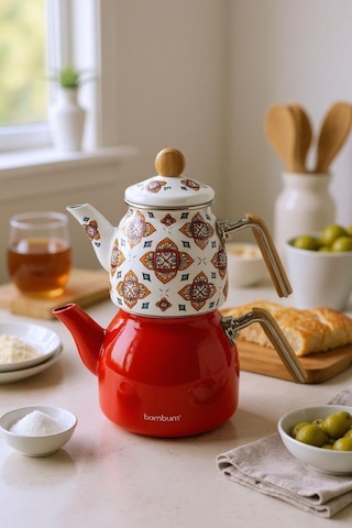 Bambum Unique - Bambu Kulplu Çaydanlık Takımı Turuncu Turuncu