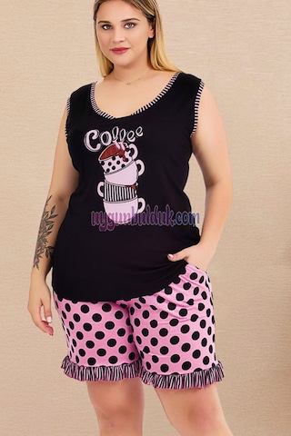 Lady Pembe - Siyah Renkli Ve Puantiyeli, Askılı Kol Ve Şortlu Büyük Beden Anne Pijama Takımı 10431 Siyah - Pembe