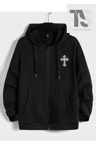 Tarzsokak Haç Sembol Sweatshirt Fermuarlı Hırka Siyah Siyah