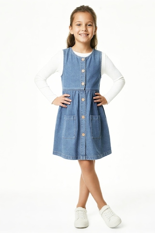 Kız Çocuk 2'li Jean Elbise Çift Cepli Jean Elbise+bluz 12533 Mavi