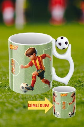 Siyah Beyaz Futbol Toplu Sarı Kırmızı Forma Oyunculu Taraftar İsimli Baskılı Kupa Bardak Beyaz