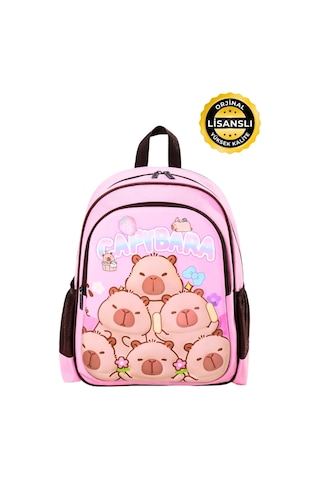 Capybara Lisanslı Çocuk Okul Sırt Çantası Eva Ön Yüzeyli Pudra Pembe